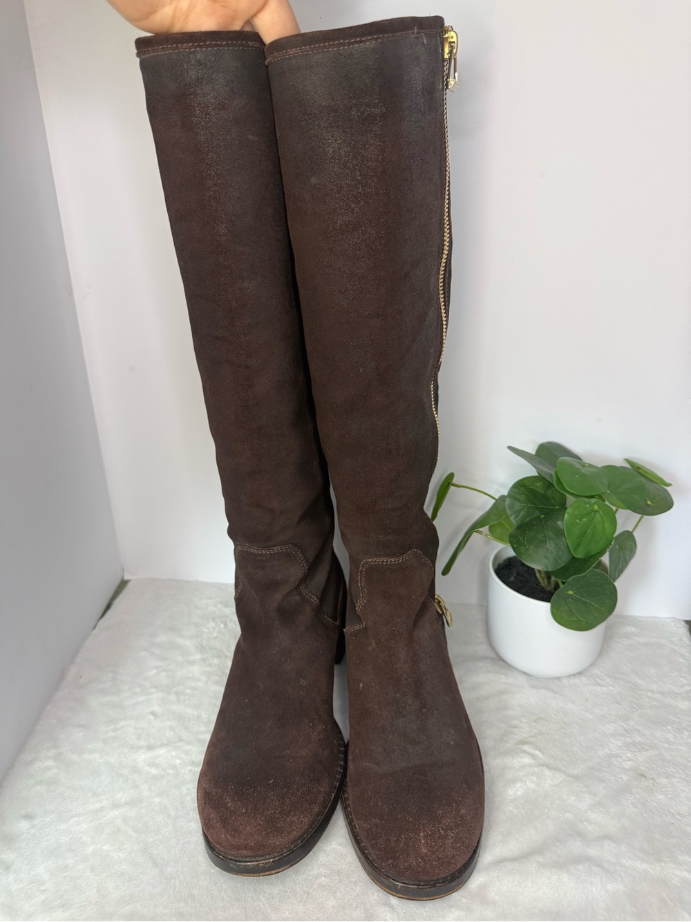 Jimmy Choo Dark Brown Suede Over-the-Knee Boots with Gold Zip